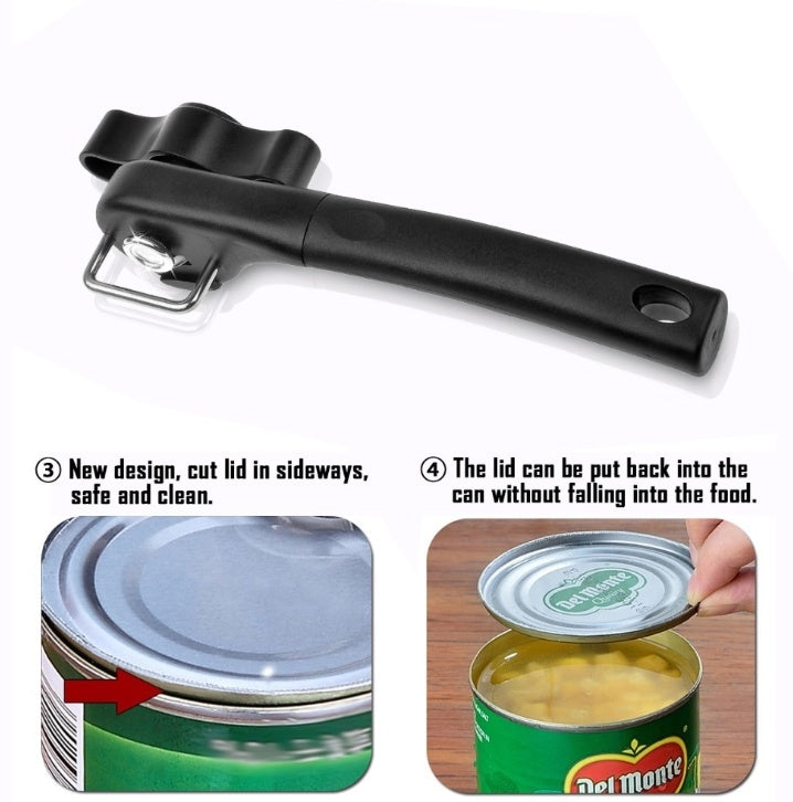 Safety can opener, strong can opener, bottle opener, side cover, one hand